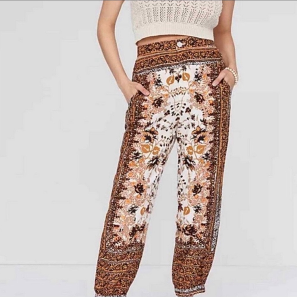 Anthropologie Cream Floral Linen-Blend Harem Pants - Joggers Size 10